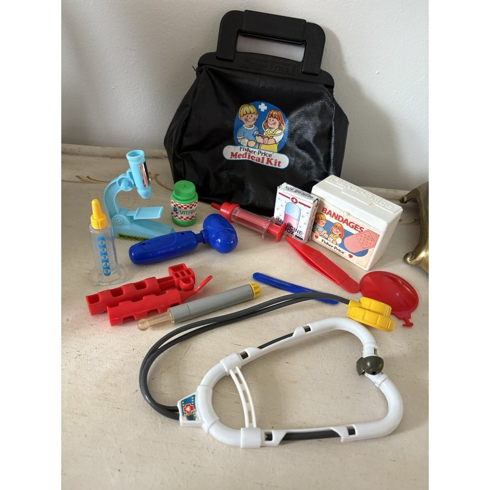 Vintage 1987 Fisher Price Medical Kit Doctor / Nurse Black Bag Toy Accessories